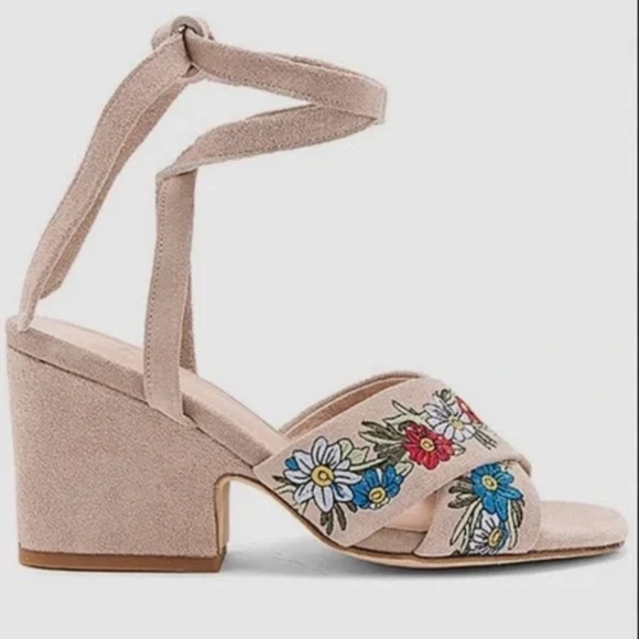 Anthropologie Raye Tan Suede Embroidered Floral Lace Up Heeled Sandals NWOB - Picture 1 of 14